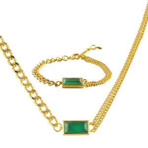 18k Gold Plated Stainless Steel Chain Link Green CZ Bracelet and Earrings Set